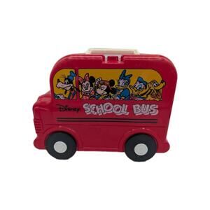 Vintage Disney School Bus Red Plastic Lunch Box No‎ Thermos Mickey Donald Goofy